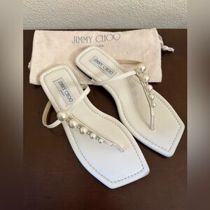 Jimmy Choo Alaina Pearl White Leather Flat Sandals EU 37 Bridal Thong